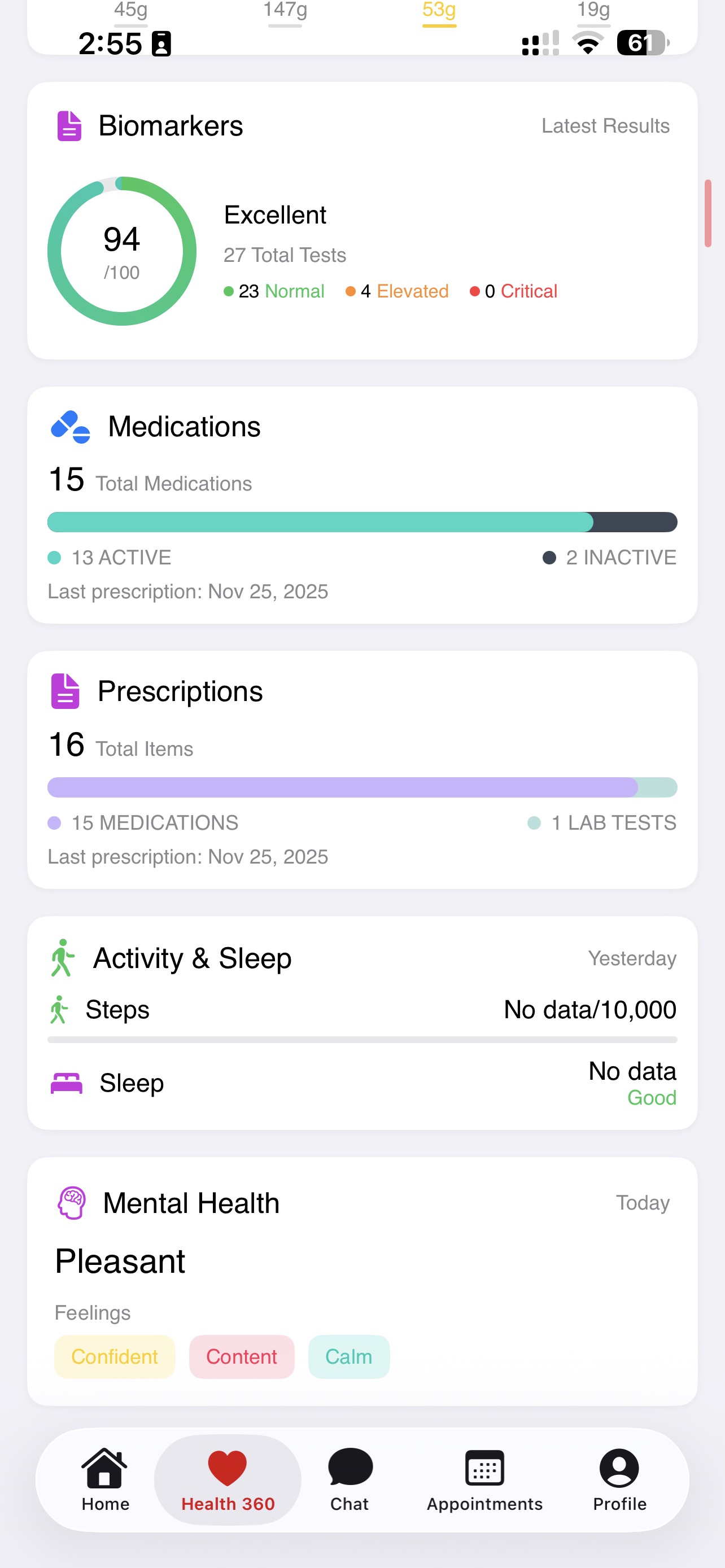 Health 360 detail — biomarkers, medications, activity, mental health